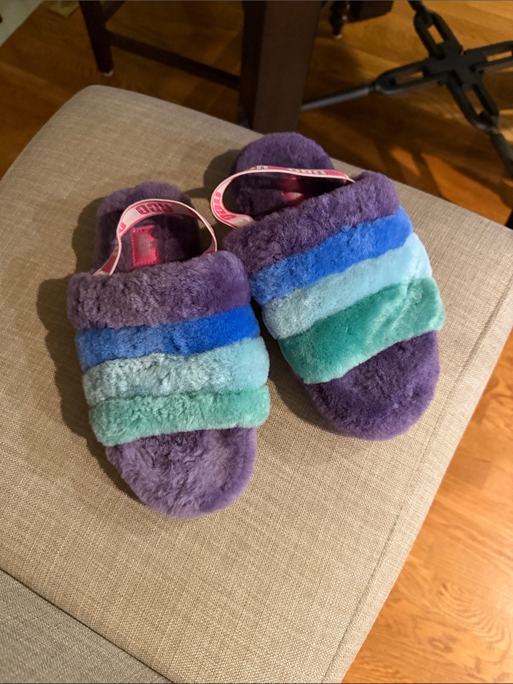 UGG Kids/or womens Multicolor Furry Slide Sandals in Purple, Blue & Green
